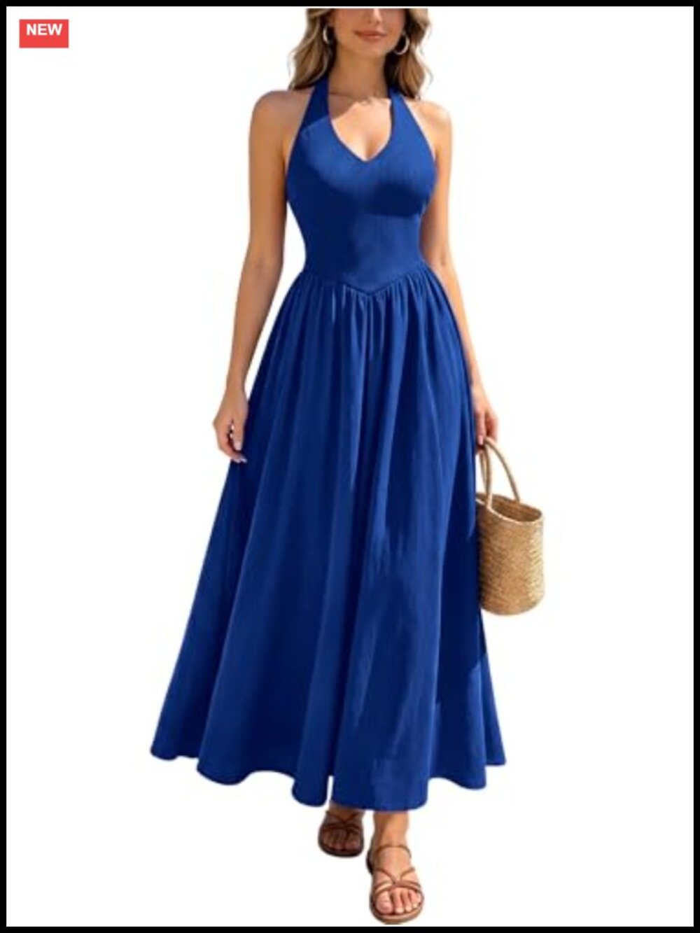 Women's Summer Retro Halter Neck A-Line Casual Swing Dress With Pockets, Flowy